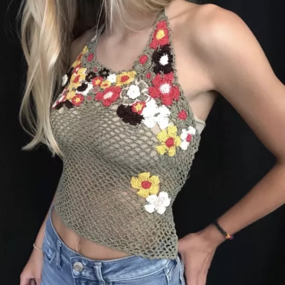 Guess Crochet Floral Halter Boho Festival Top - Picture 6 of 11